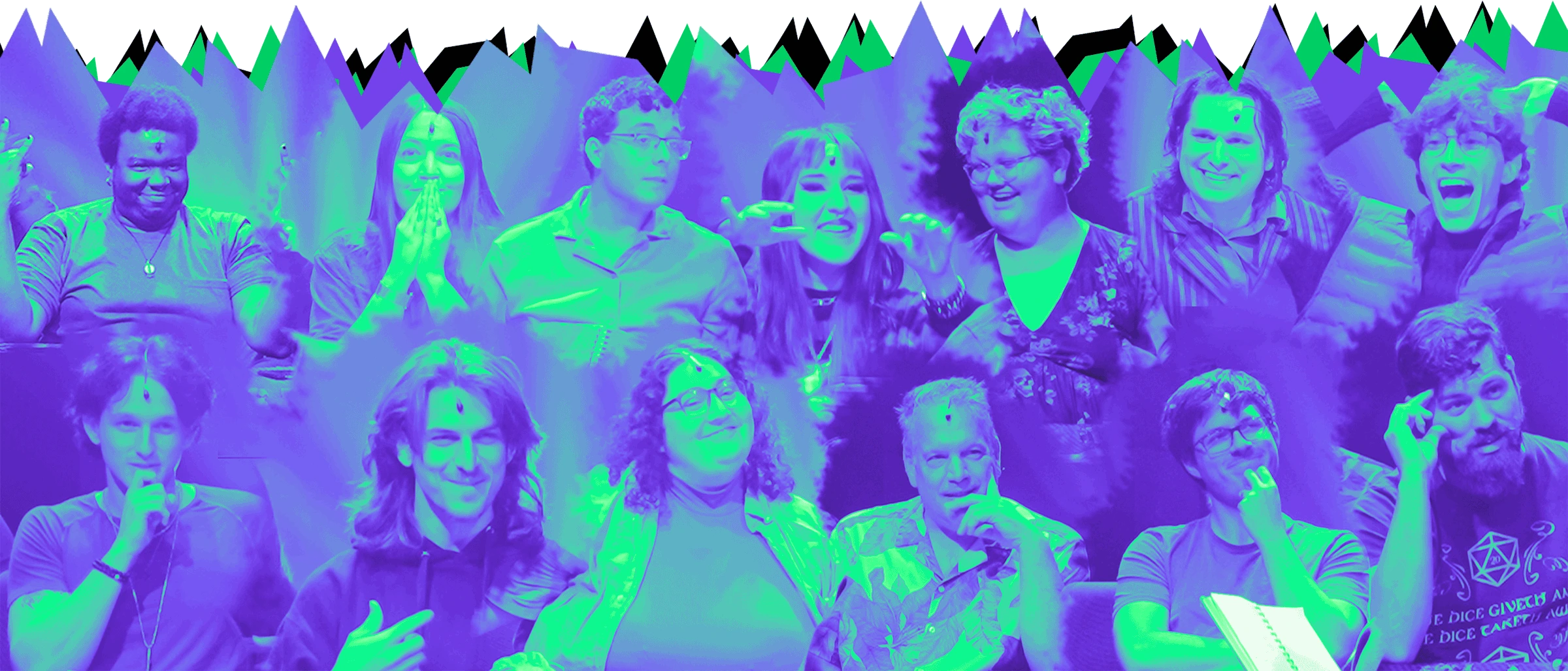 A green and purple colored collage of the faces of EPICS OF EPOCHS enjoying the drama and adventure of their LIVE TTRPG Campaign